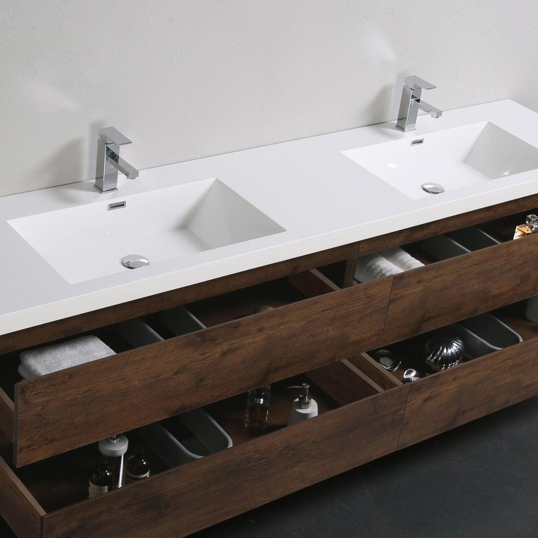 Boho Elegance 84" Rosewood Wall-Mounted Vanity With Double Reinforced White Acrylic Sinks