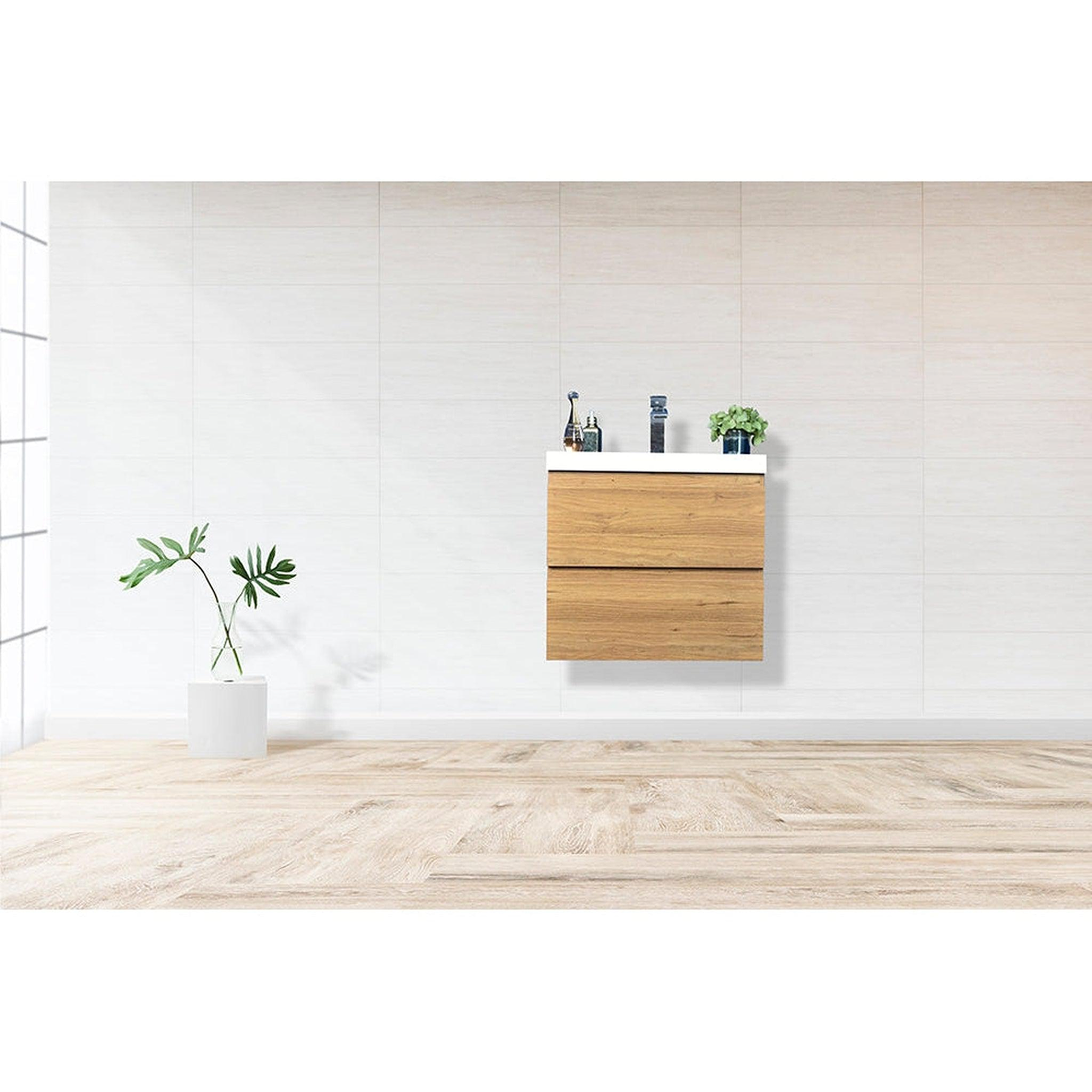 Boho Elegance 24" Nature Oak Wall-Mounted Vanity With Single Reinforced White Acrylic Sink