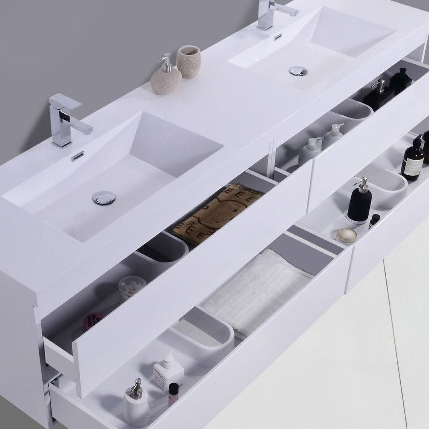 Boho Elegance 72" High Gloss White Wall-Mounted Vanity With Double Reinforced White Acrylic Sinks