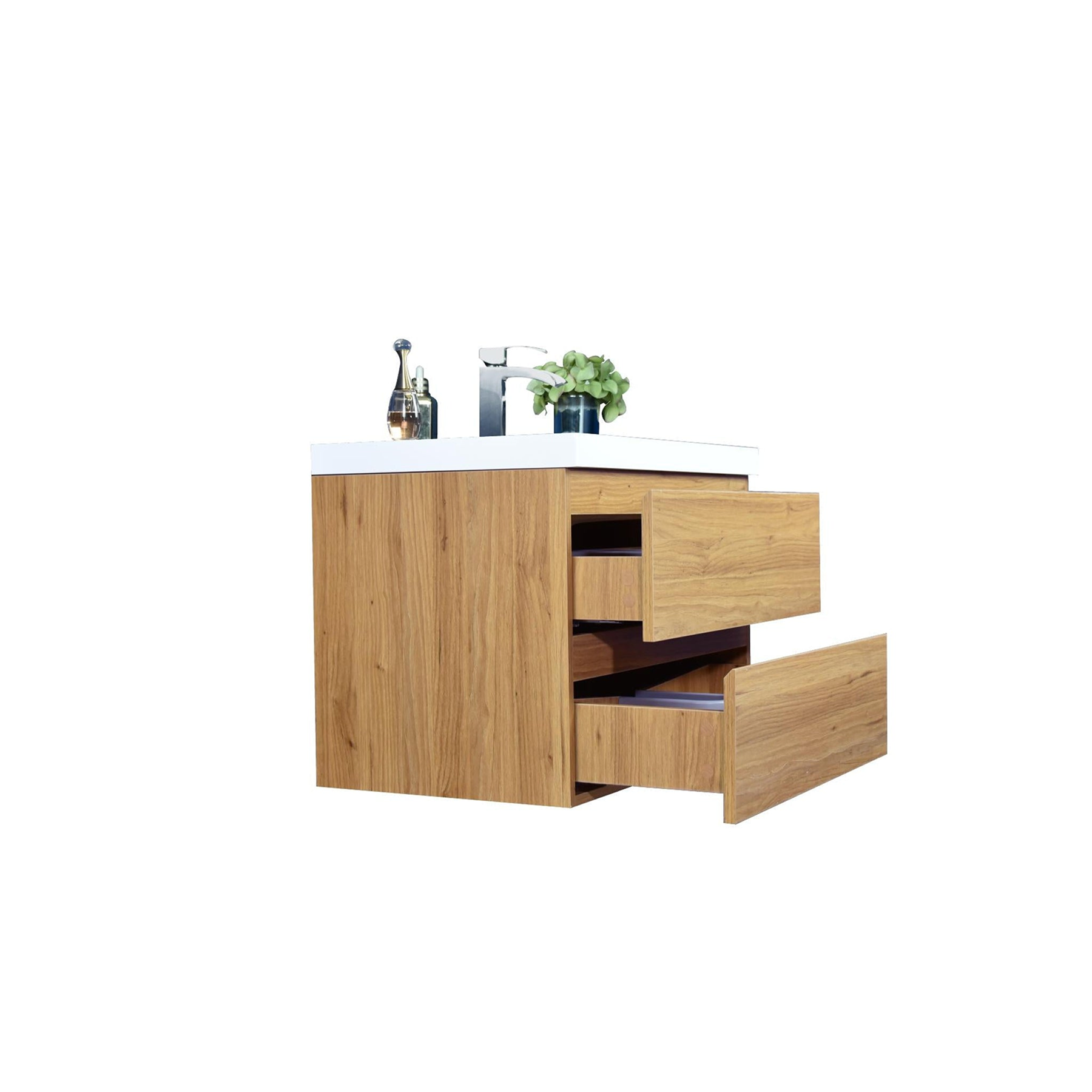 Boho Elegance 30" Nature Oak Wall-Mounted Vanity With Single Reinforced White Acrylic Sink