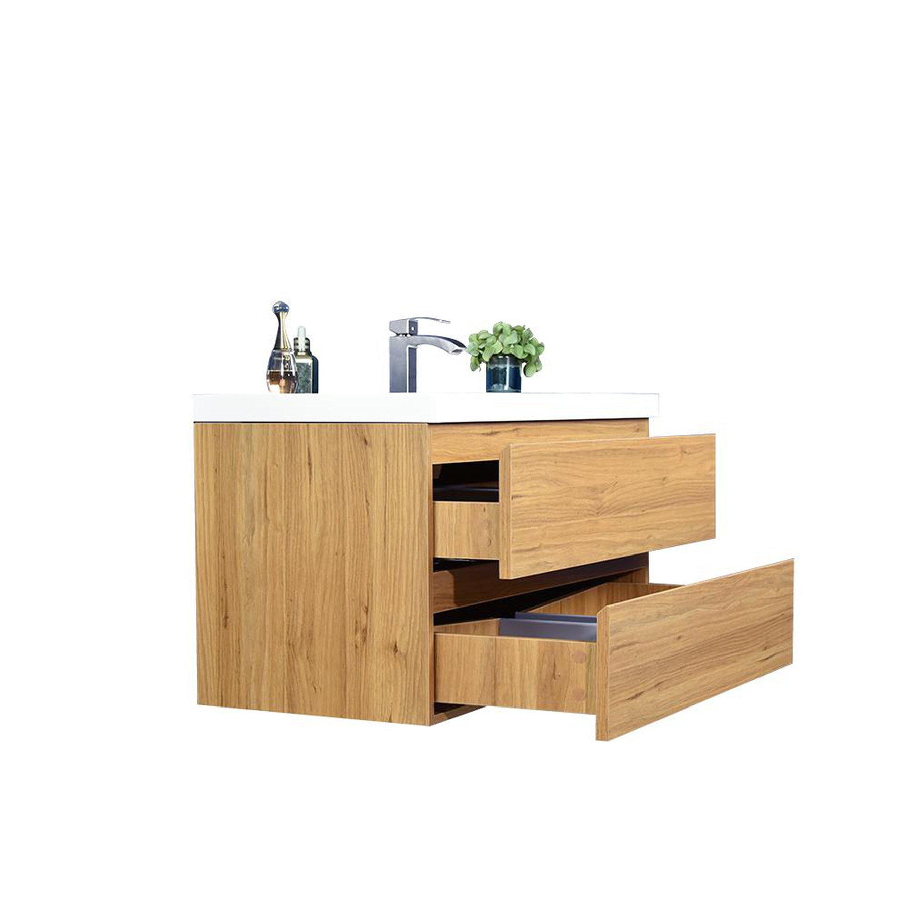Boho Elegance 42" Nature Oak Wall-Mounted Vanity With Single Reinforced White Acrylic Sink