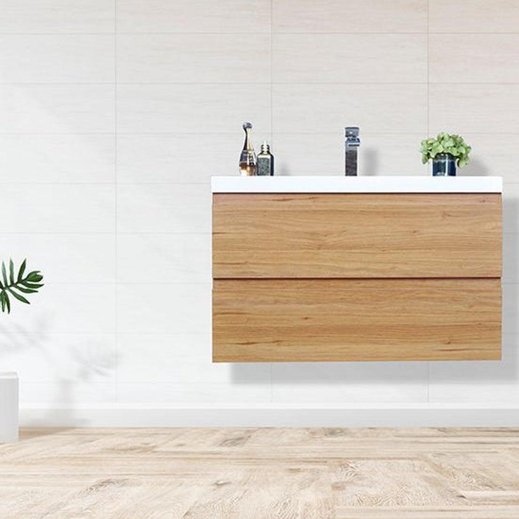 Boho Elegance 36" Nature Oak Wall-Mounted Vanity With Single Reinforced White Acrylic Sink