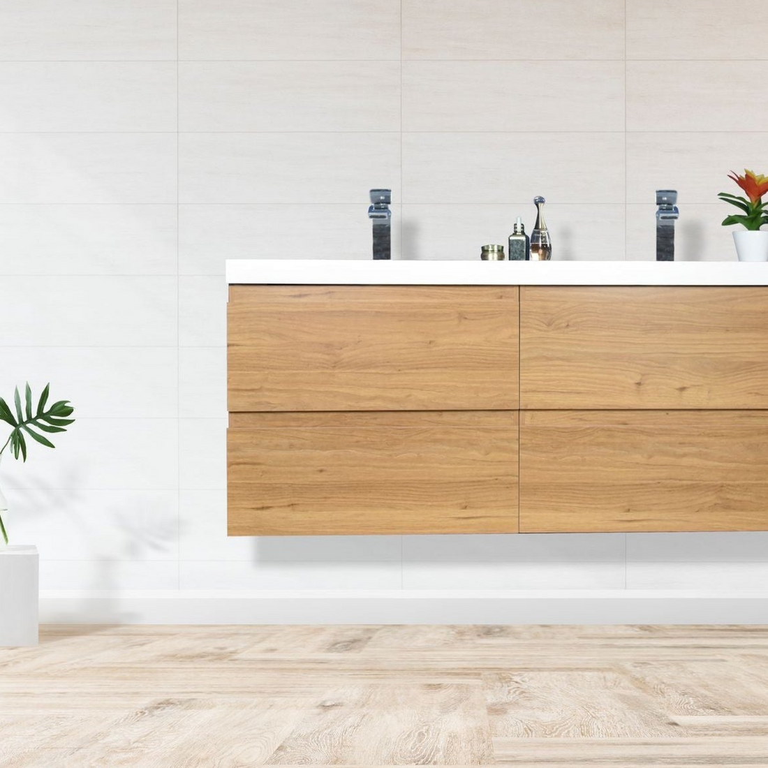 Boho Elegance 48" Nature Oak Wall-Mounted Vanity With Double Reinforced White Acrylic Sinks