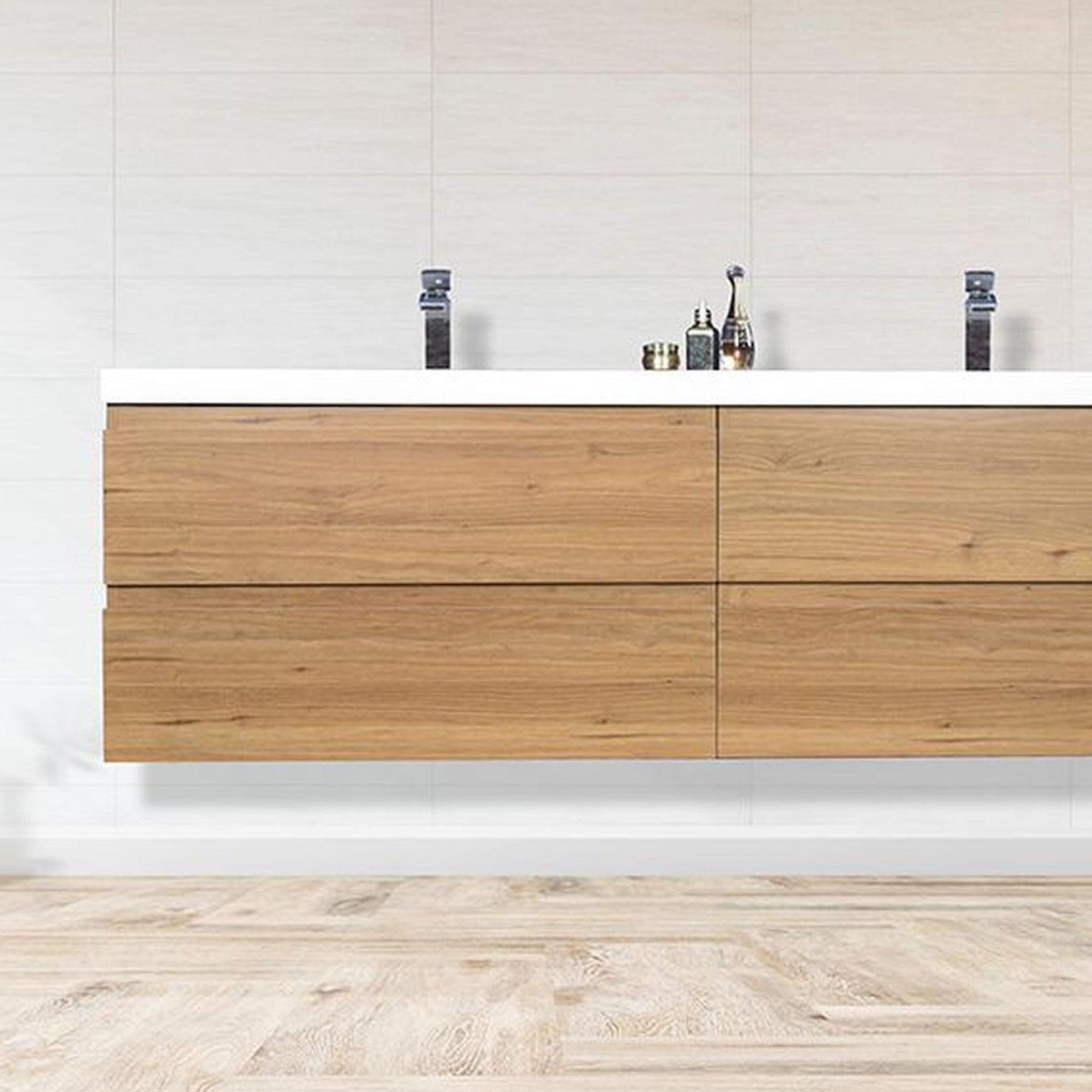 Boho Elegance 72" Nature Oak Wall-Mounted Vanity With Double Reinforced White Acrylic Sinks