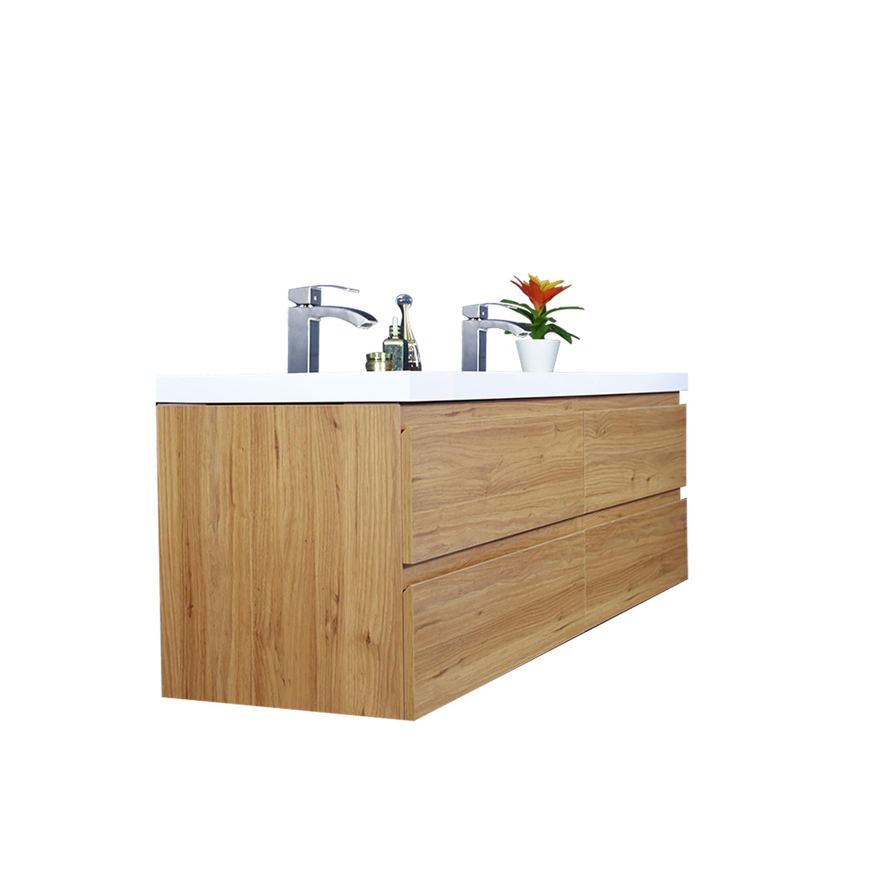 Boho Elegance 72" Nature Oak Wall-Mounted Vanity With Double Reinforced White Acrylic Sinks