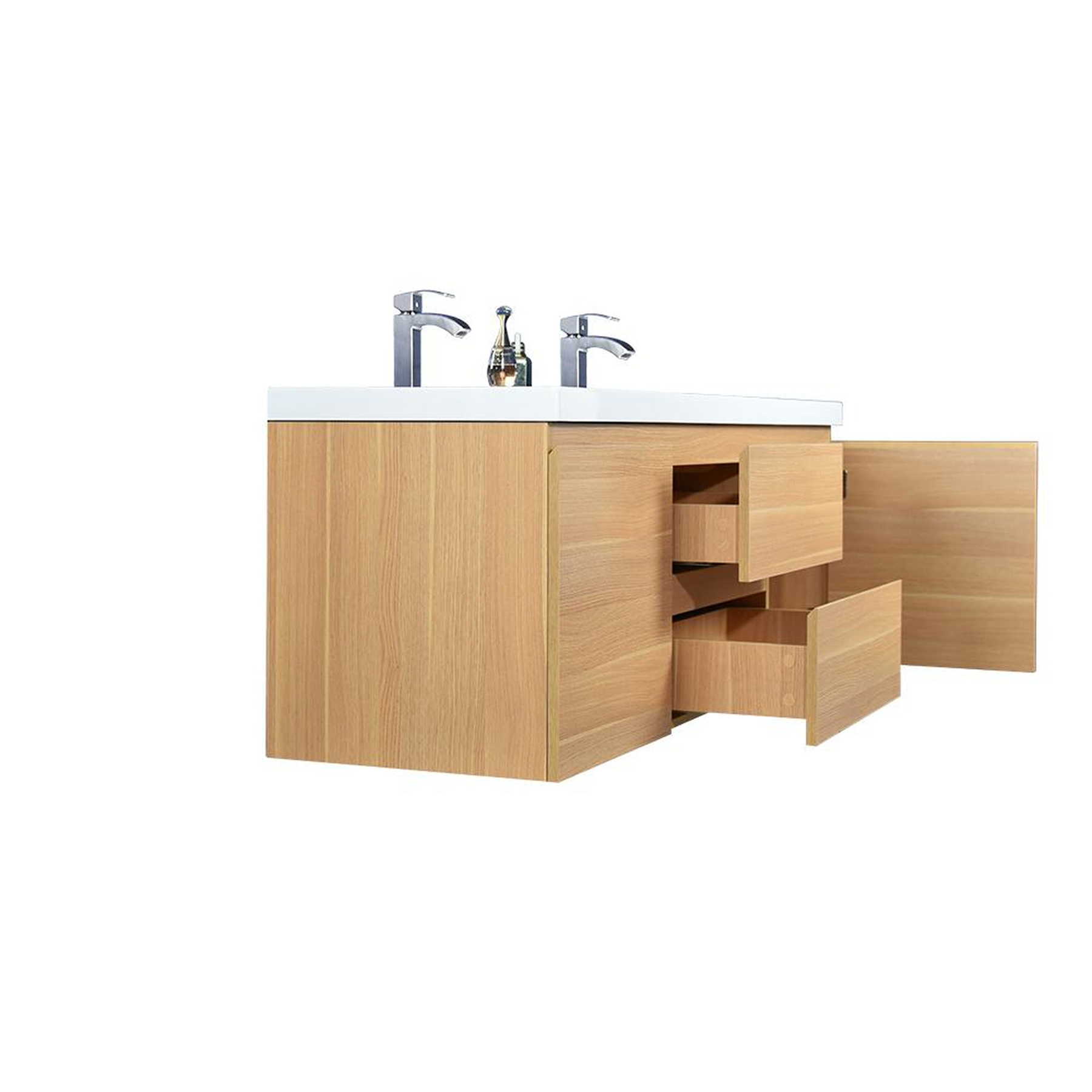 Boho Elegance 60" White Oak Wall-Mounted Vanity With Double Reinforced White Acrylic Sinks
