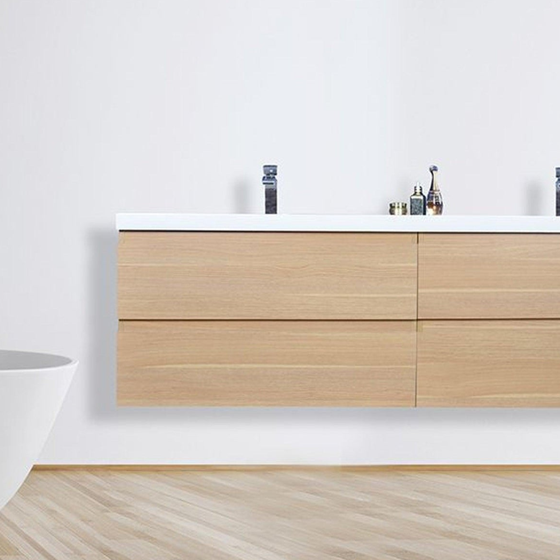 Boho Elegance 72" White Oak Wall-Mounted Vanity With Double Reinforced White Acrylic Sinks