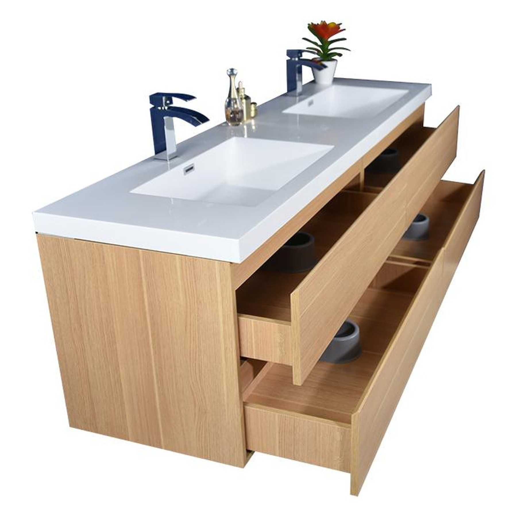 Boho Elegance 72" White Oak Wall-Mounted Vanity With Double Reinforced White Acrylic Sinks