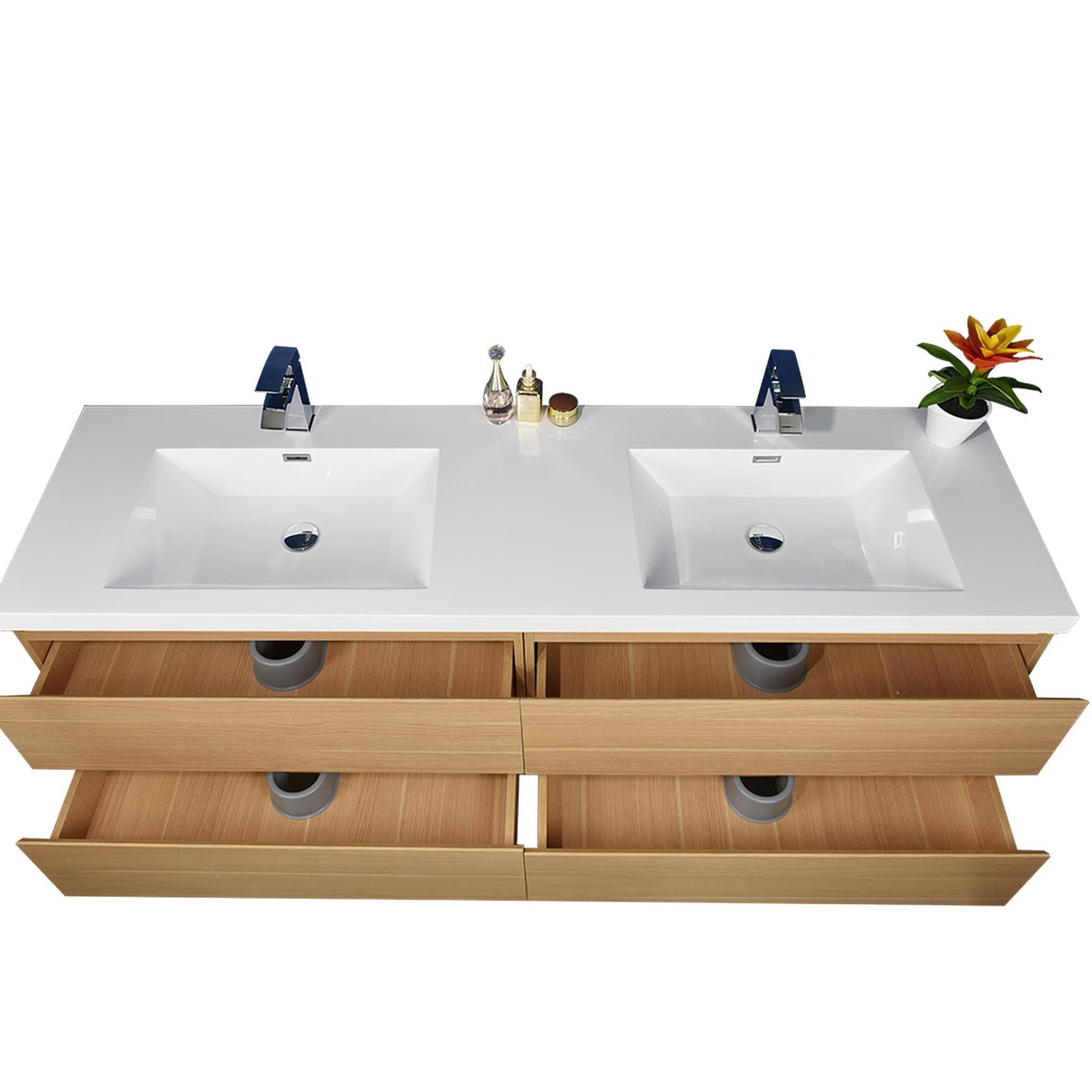Boho Elegance 72" White Oak Wall-Mounted Vanity With Double Reinforced White Acrylic Sinks