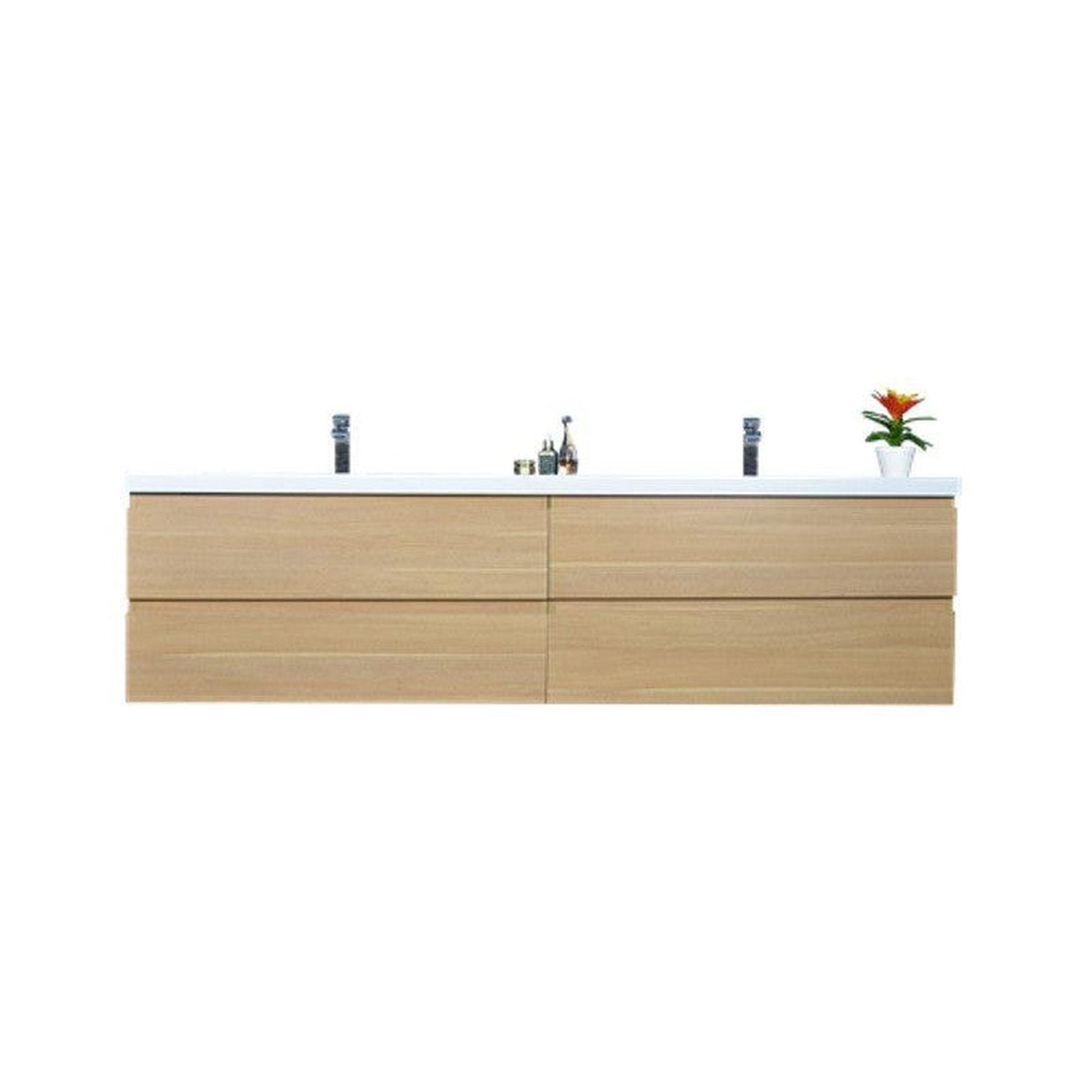 Boho Elegance 84" White Oak Wall-Mounted Vanity With Double Reinforced White Acrylic Sinks