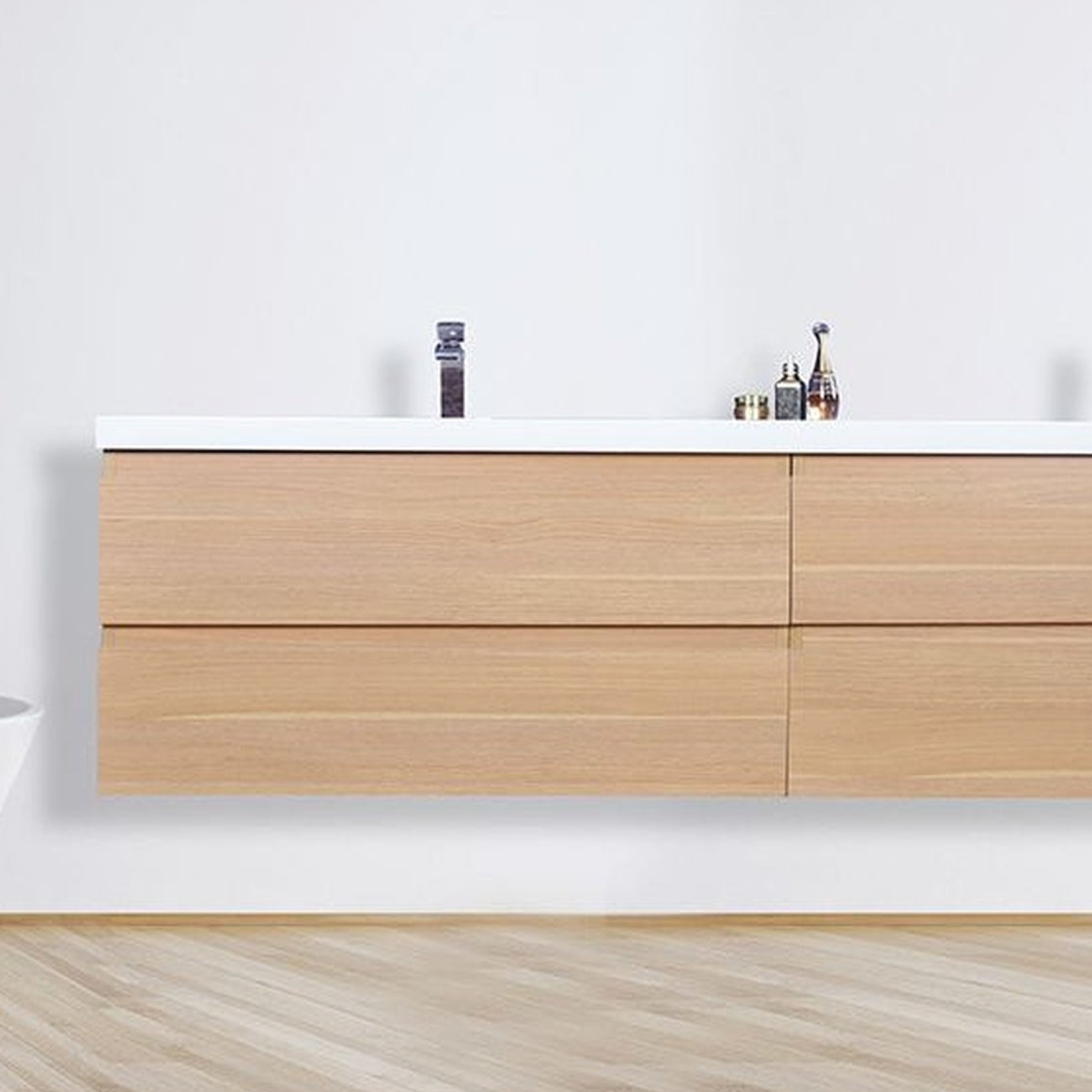 Boho Elegance 84" White Oak Wall-Mounted Vanity With Double Reinforced White Acrylic Sinks