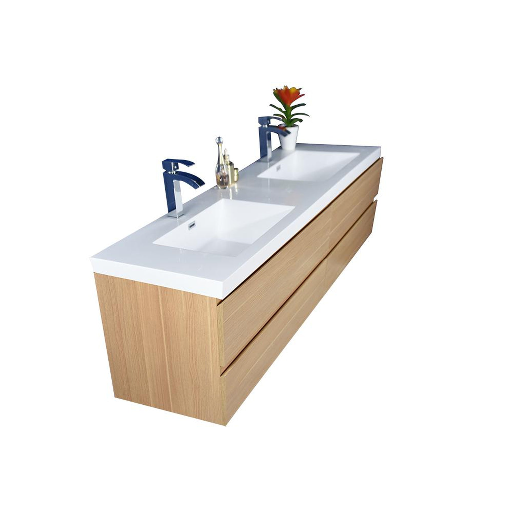 Boho Elegance 84" White Oak Wall-Mounted Vanity With Double Reinforced White Acrylic Sinks