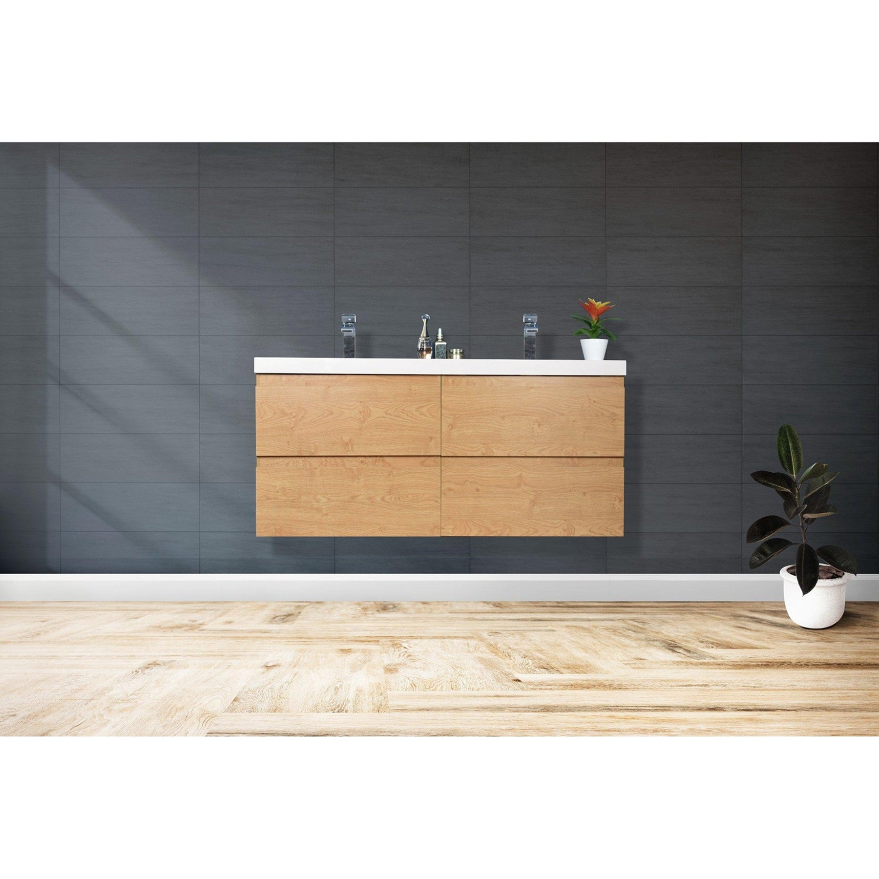 Boho Elegance 48" New England Oak Wall-Mounted Vanity With Double Reinforced White Acrylic Sinks