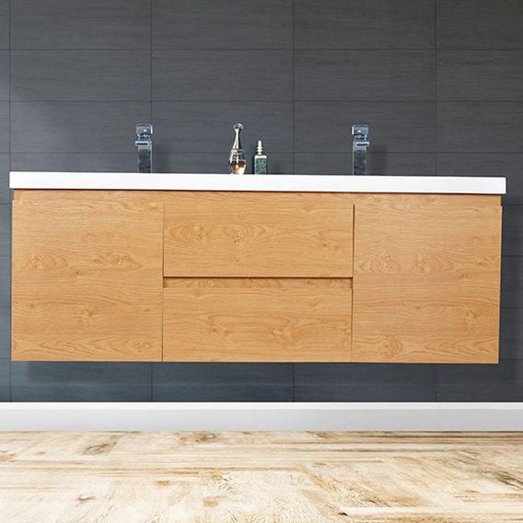 Boho Elegance 60" New England Oak Wall-Mounted Vanity With Double Reinforced White Acrylic Sinks