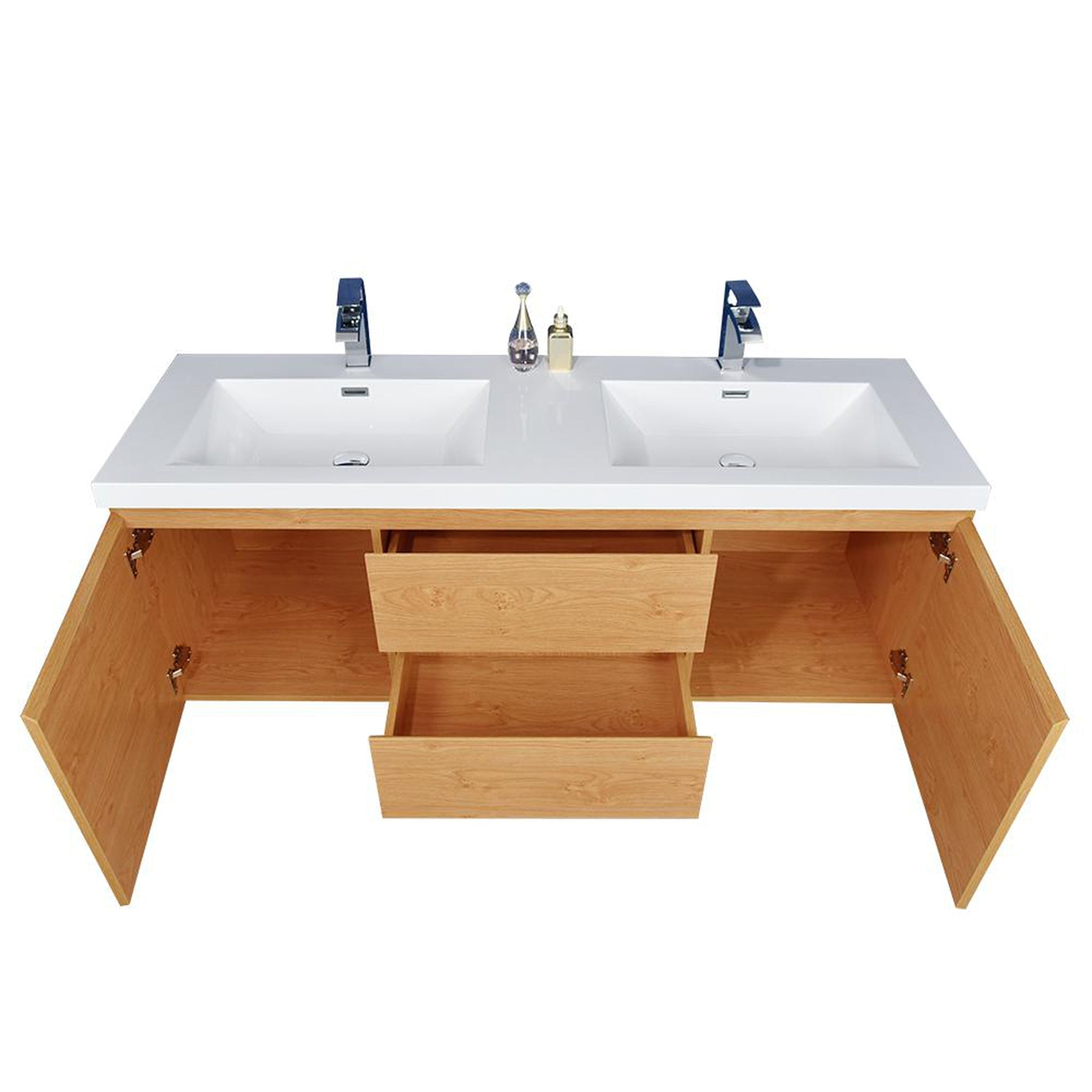 Boho Elegance 60" New England Oak Wall-Mounted Vanity With Double Reinforced White Acrylic Sinks