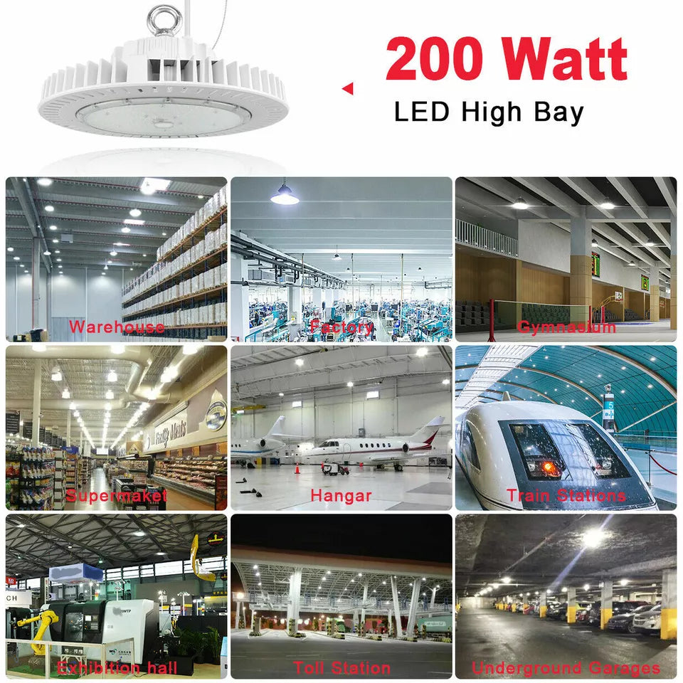 UFO LED High Bay Light 200W, 28,000LM, White, 5000K Daylight, Dimmable, IP65 Waterproof, UL & DLC Listed, For Warehouse Workshop Factory Barn Garage Gymnasium Airport