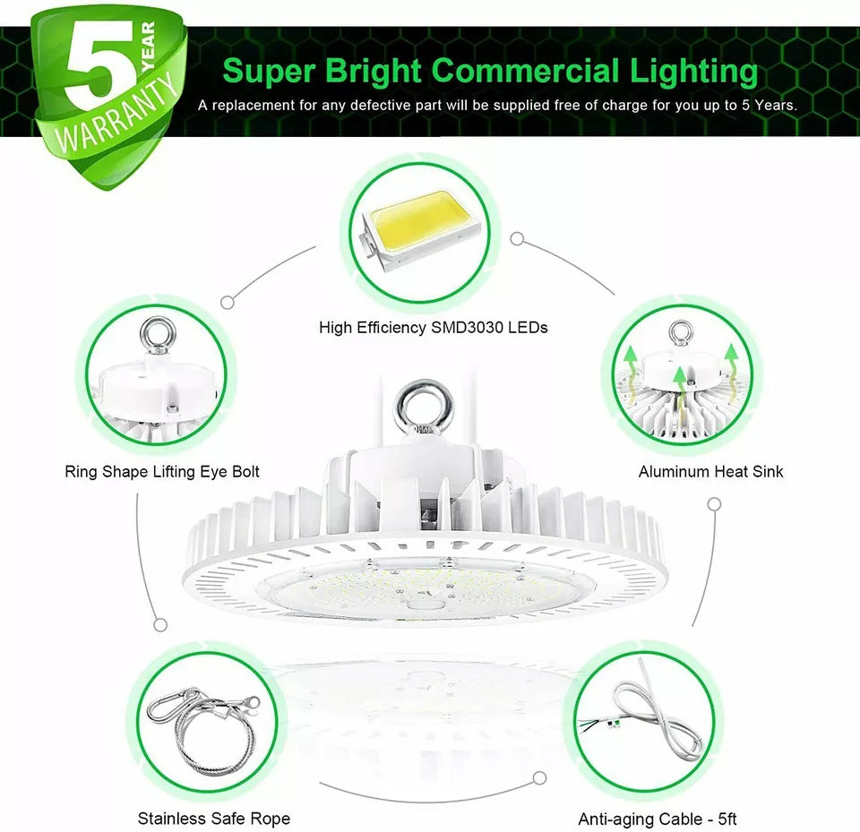 UFO LED High Bay Light 200W, 28,000LM, White, 5000K Daylight, Dimmable, IP65 Waterproof, UL & DLC Listed, For Warehouse Workshop Factory Barn Garage Gymnasium Airport