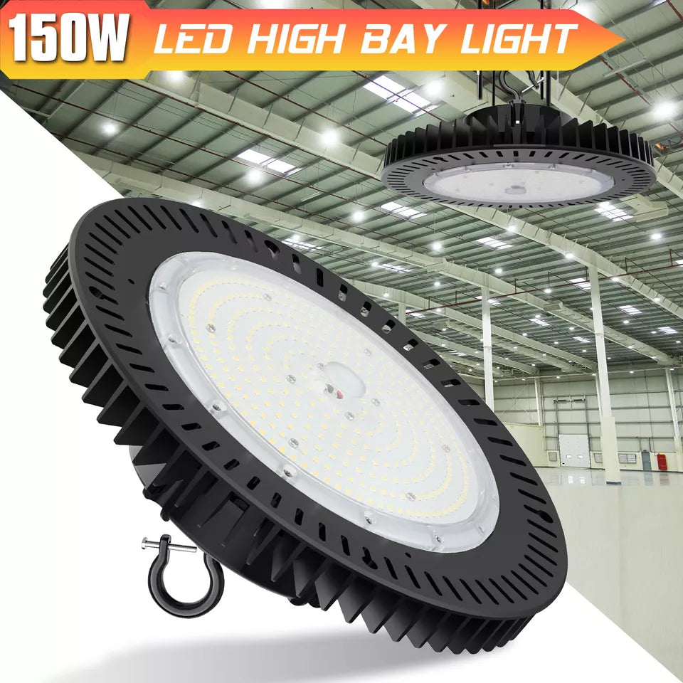 UFO LED High Bay Light 150W, 21,000LM, 5000K Daylight, Dimmable, IP65 Waterproof, Black, UL & DLC Listed, For Warehouse Workshop Factory Barn Garage Gymnasium
