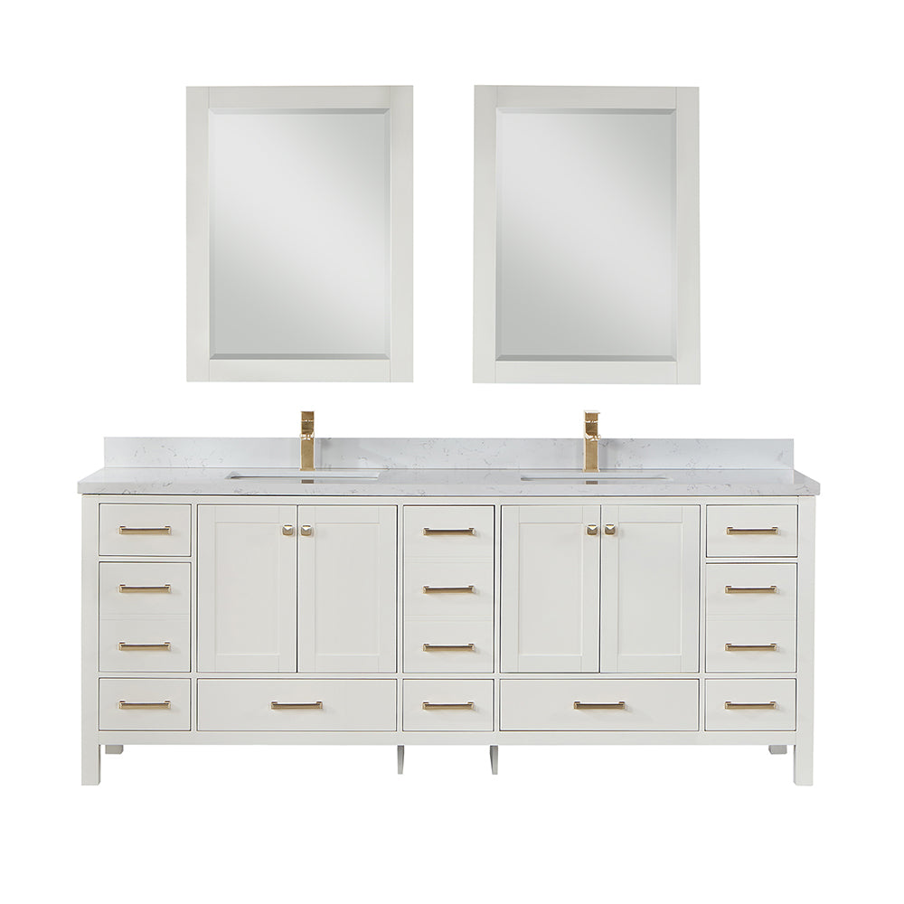 84&quot; Double Vanity in White and Composite Carrara White Stone Countertop