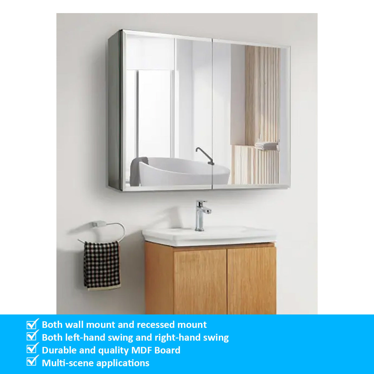 30" x 26" Premium Frameless Medicine Cabinet: Double-Sided Mirror, 2-Door, Adjustable Shelves, Soft-Closing, Surface or Recessed Installation, for Bathroom, Bedroom, Hotel