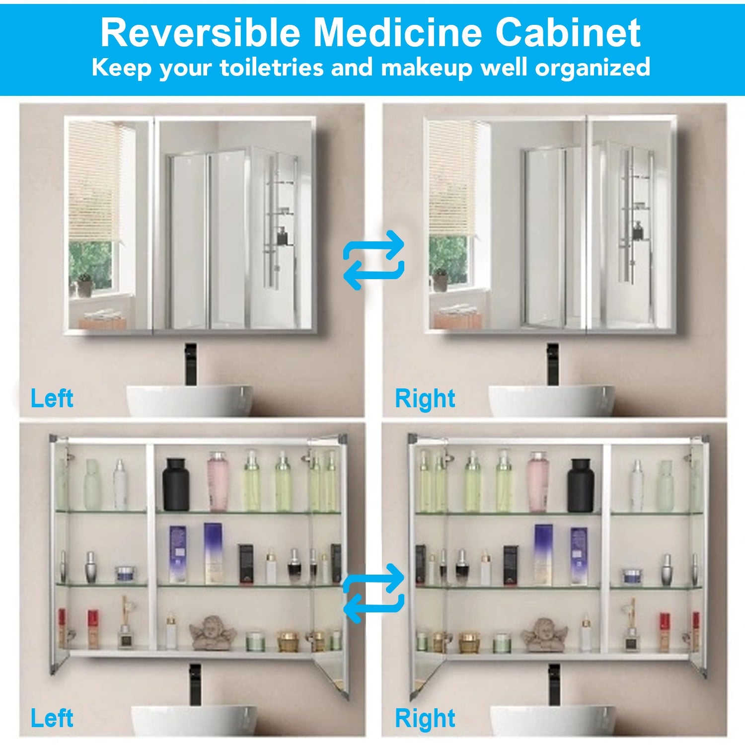 30 x 26 Inches Frameless Medicine Cabinet: Double-Sided Mirror, 2 Doors, 3-Adjustable Shelves, Unique Large & Small Door Design, Soft-Closing, for Bathroom, Bedroom, Hotel - Surface or Recessed Mount