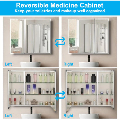 30 x 26 Inches Frameless Medicine Cabinet: Double-Sided Mirror, 2 Doors, 3-Adjustable Shelves, Unique Large &amp; Small Door Design, Soft-Closing, for Bathroom, Bedroom, Hotel - Surface or Recessed Mount
