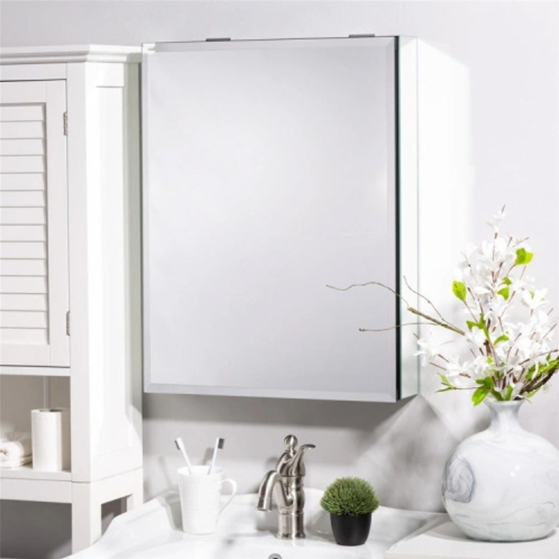 24" x 30" Contemporary Frameless Medicine Cabinet: Double-Sided Mirror, 1-Door, Adjustable Shelves, Soft-Closing, Surface or Recessed Installation, Ideal for Bathroom, Bedroom, Hotel