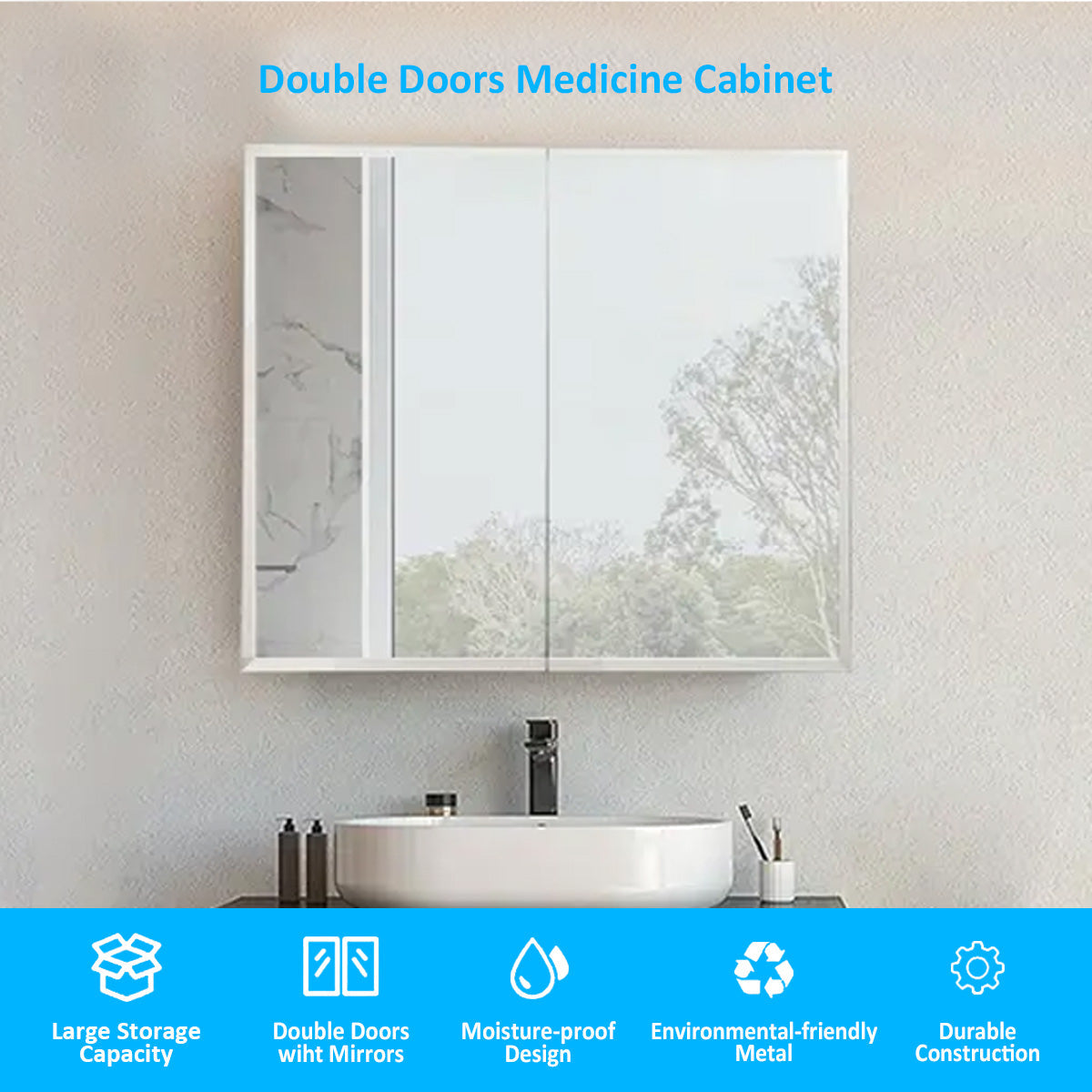 30" x 26" Premium Frameless Medicine Cabinet: Double-Sided Mirror, 2-Door, Adjustable Shelves, Soft-Closing, Surface or Recessed Installation, for Bathroom, Bedroom, Hotel