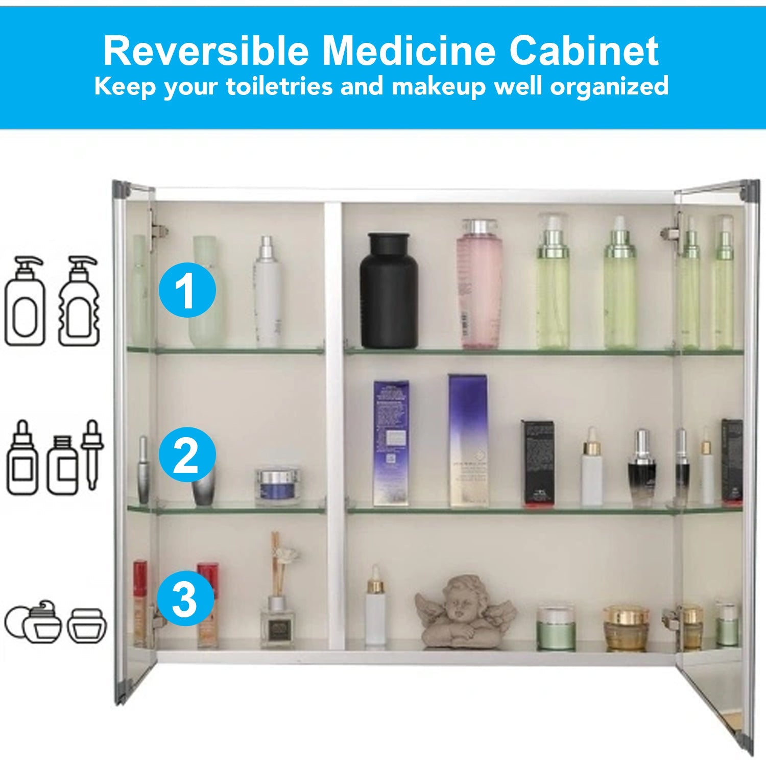 30 x 26 Inches Frameless Medicine Cabinet: Double-Sided Mirror, 2 Doors, 3-Adjustable Shelves, Unique Large &amp; Small Door Design, Soft-Closing, for Bathroom, Bedroom, Hotel - Surface or Recessed Mount