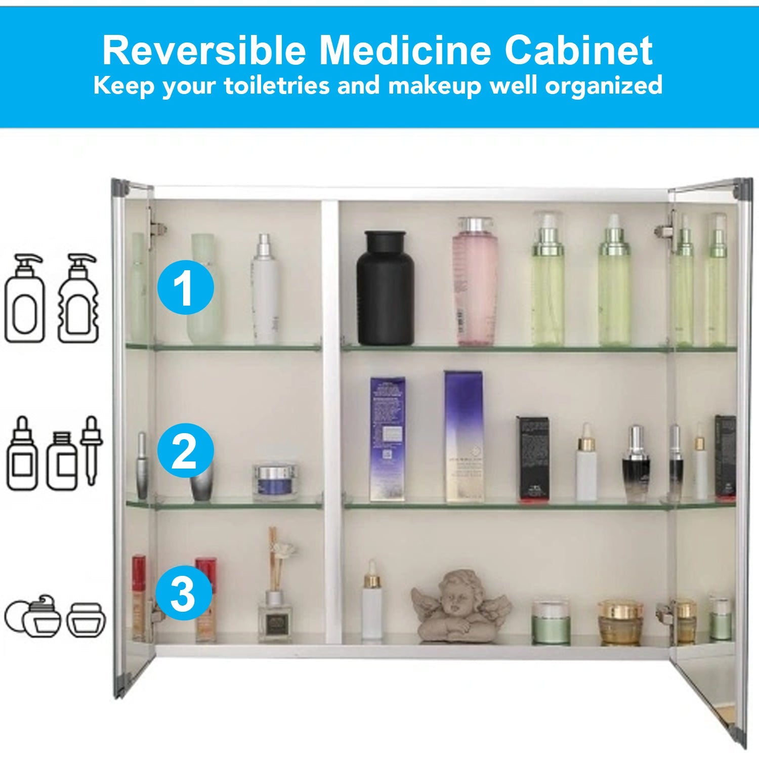 30 x 26 Inches Frameless Medicine Cabinet: Double-Sided Mirror, 2 Doors, 3-Adjustable Shelves, Unique Large & Small Door Design, Soft-Closing, for Bathroom, Bedroom, Hotel - Surface or Recessed Mount