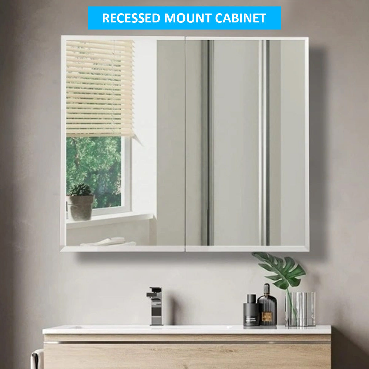 30" x 26" Premium Frameless Medicine Cabinet: Double-Sided Mirror, 2-Door, Adjustable Shelves, Soft-Closing, Surface or Recessed Installation, for Bathroom, Bedroom, Hotel