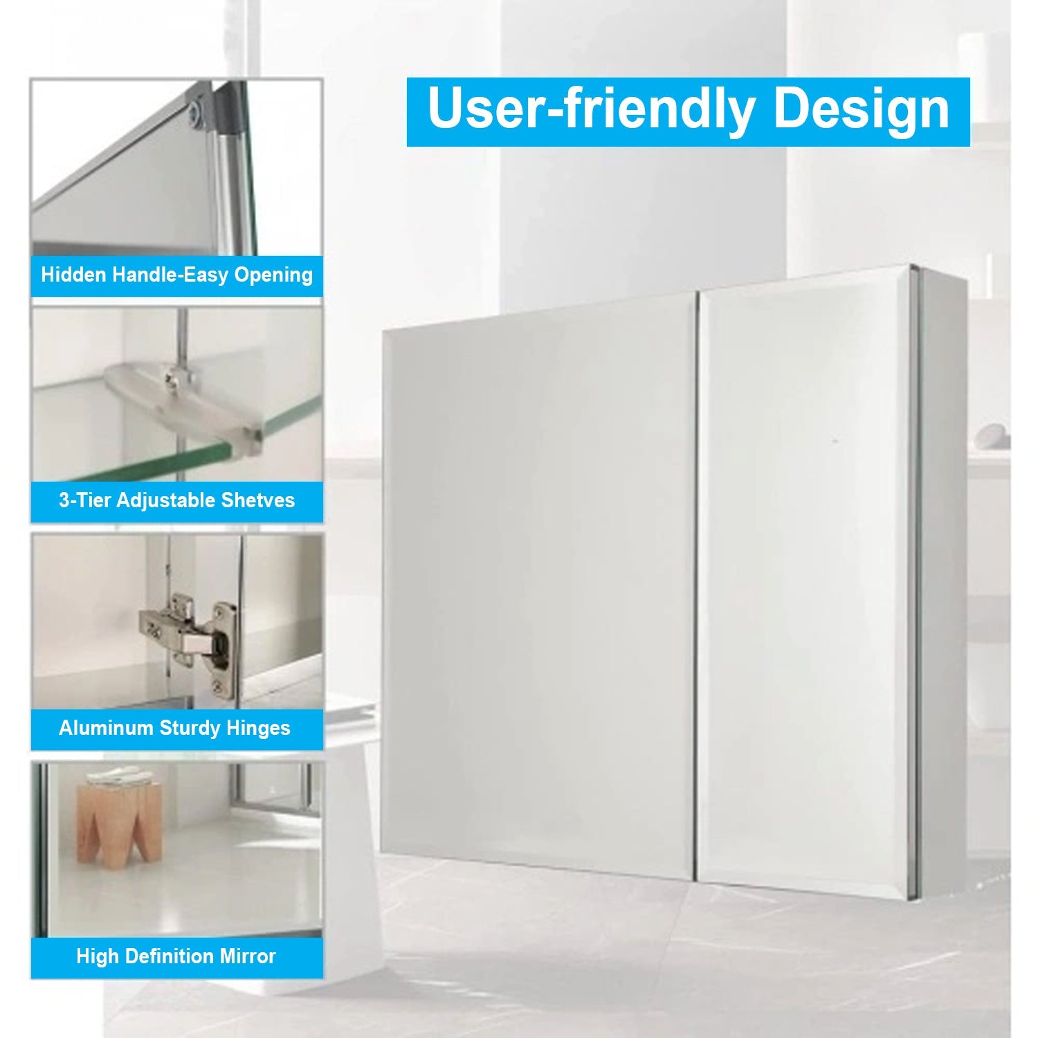 30 x 26 Inches Frameless Medicine Cabinet: Double-Sided Mirror, 2 Doors, 3-Adjustable Shelves, Unique Large & Small Door Design, Soft-Closing, for Bathroom, Bedroom, Hotel - Surface or Recessed Mount