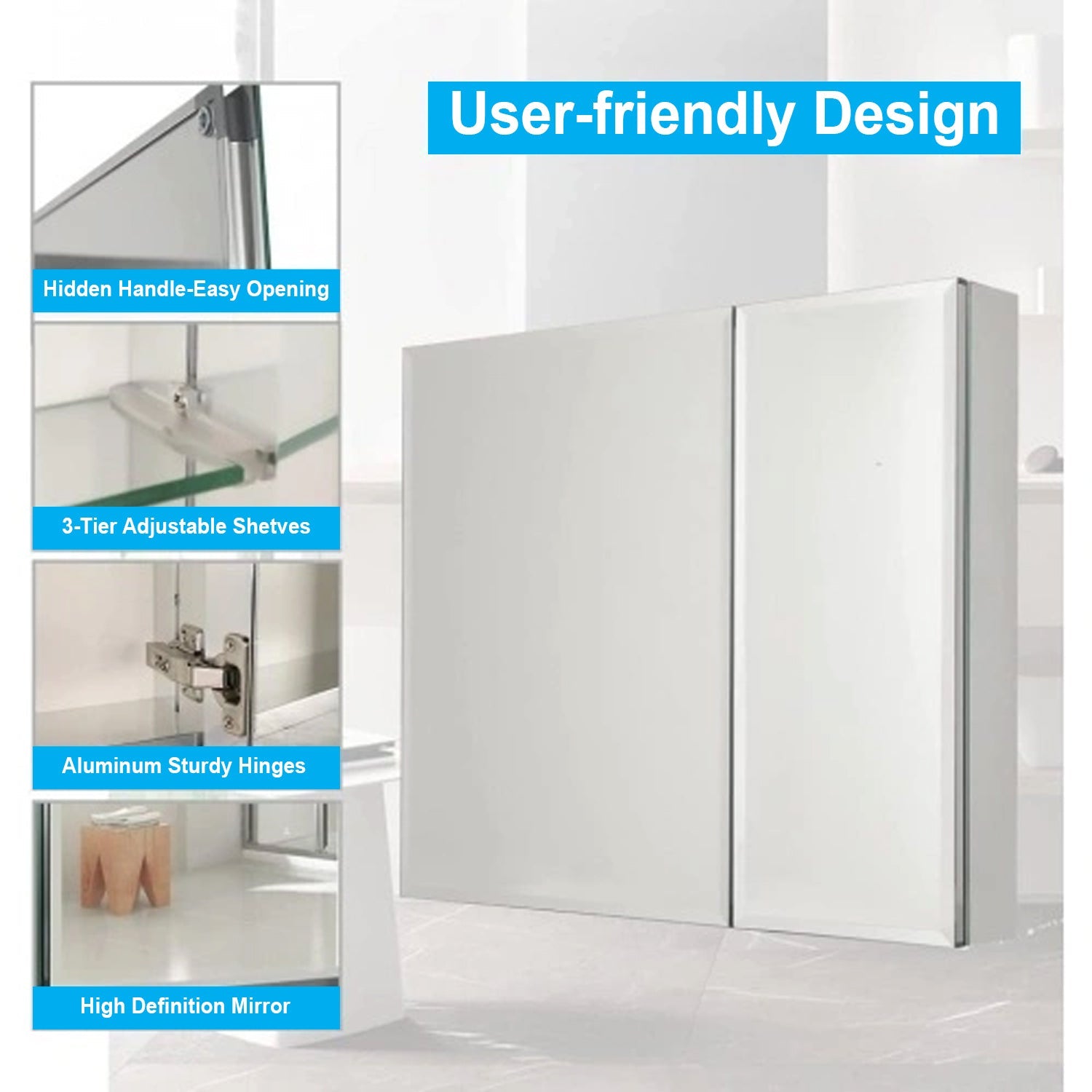 30 x 26 Inches Frameless Medicine Cabinet: Double-Sided Mirror, 2 Doors, 3-Adjustable Shelves, Unique Large &amp; Small Door Design, Soft-Closing, for Bathroom, Bedroom, Hotel - Surface or Recessed Mount