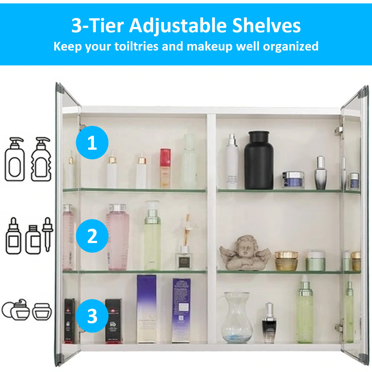 30" x 26" Premium Frameless Medicine Cabinet: Double-Sided Mirror, 2-Door, Adjustable Shelves, Soft-Closing, Surface or Recessed Installation, for Bathroom, Bedroom, Hotel