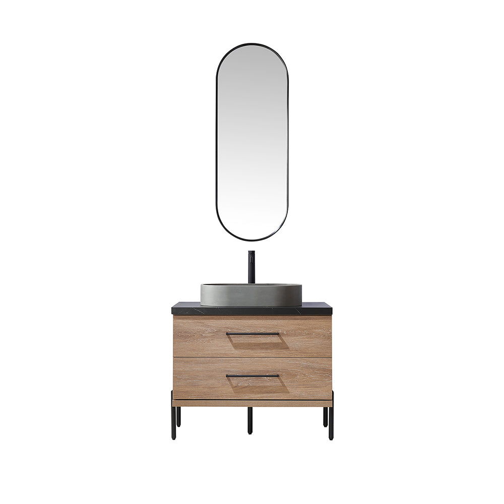 36&quot; Single Sink Bath Vanity in North American Oak with Black Sintered Stone Top with Concrete Oval Sink