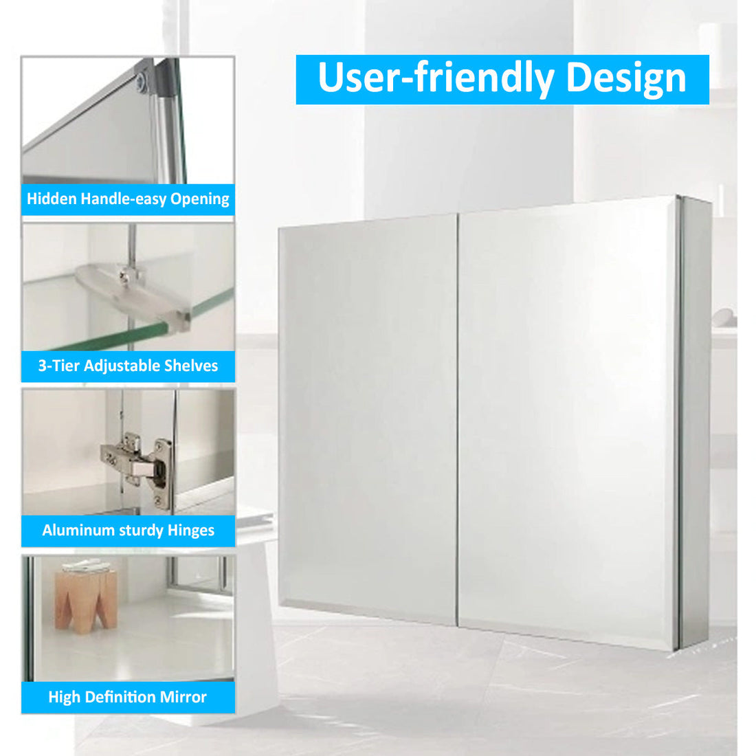 30" x 26" Premium Frameless Medicine Cabinet: Double-Sided Mirror, 2-Door, Adjustable Shelves, Soft-Closing, Surface or Recessed Installation, for Bathroom, Bedroom, Hotel