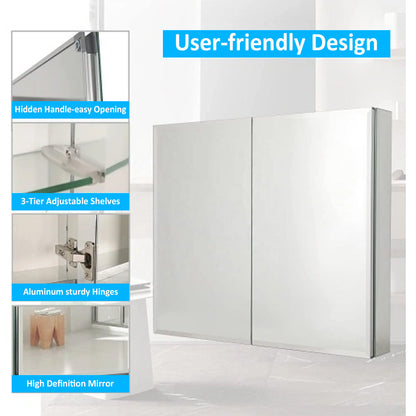 30&quot; x 26&quot; Premium Frameless Medicine Cabinet: Double-Sided Mirror, 2-Door, Adjustable Shelves, Soft-Closing, Surface or Recessed Installation, for Bathroom, Bedroom, Hotel