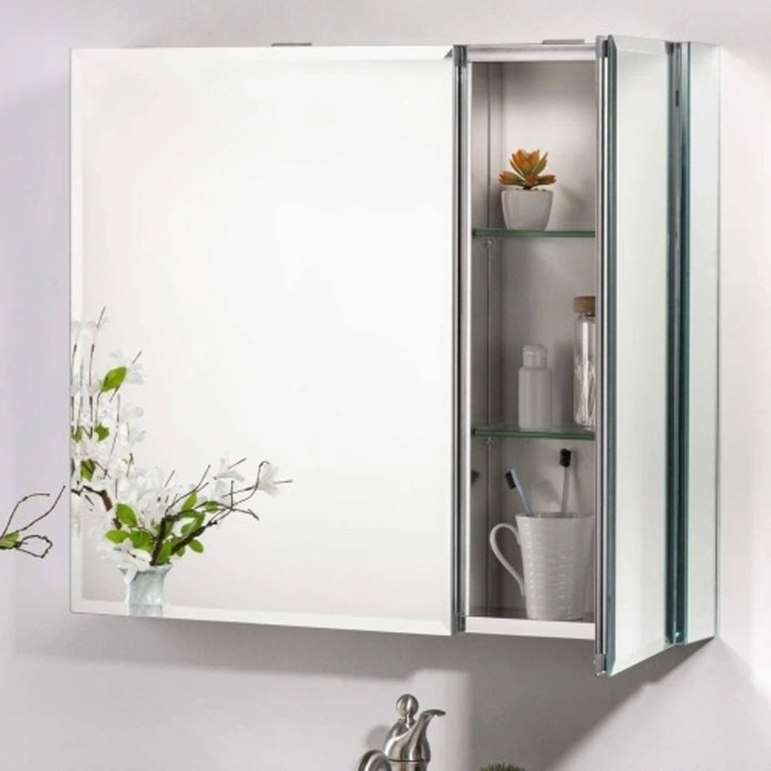30 x 26 Inches Frameless Medicine Cabinet: Double-Sided Mirror, 2 Doors, 3-Adjustable Shelves, Unique Large & Small Door Design, Soft-Closing, for Bathroom, Bedroom, Hotel - Surface or Recessed Mount