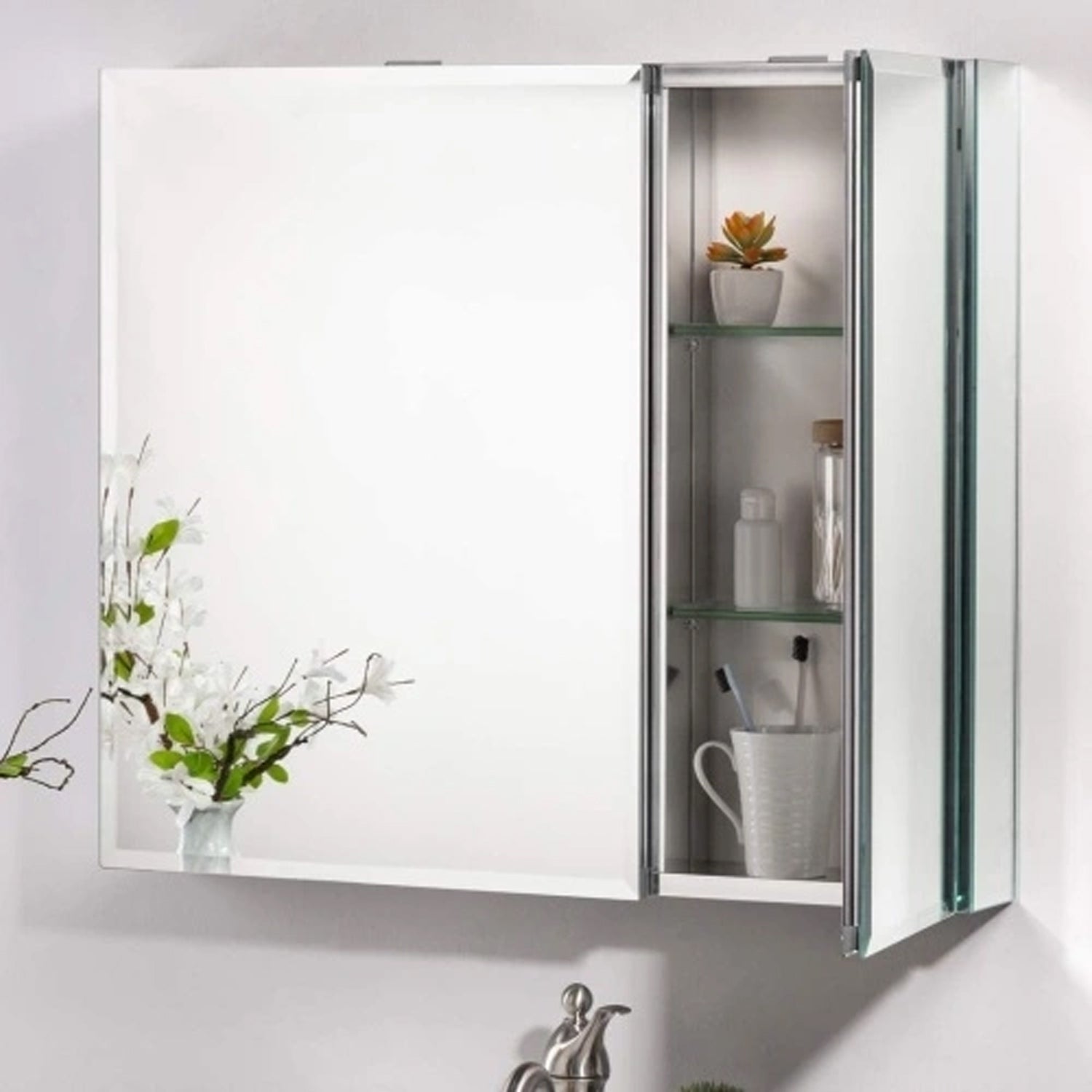 30 x 26 Inches Frameless Medicine Cabinet: Double-Sided Mirror, 2 Doors, 3-Adjustable Shelves, Unique Large &amp; Small Door Design, Soft-Closing, for Bathroom, Bedroom, Hotel - Surface or Recessed Mount