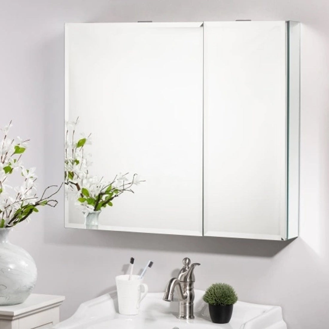 30 x 26 Inches Frameless Medicine Cabinet: Double-Sided Mirror, 2 Doors, 3-Adjustable Shelves, Unique Large & Small Door Design, Soft-Closing, for Bathroom, Bedroom, Hotel - Surface or Recessed Mount