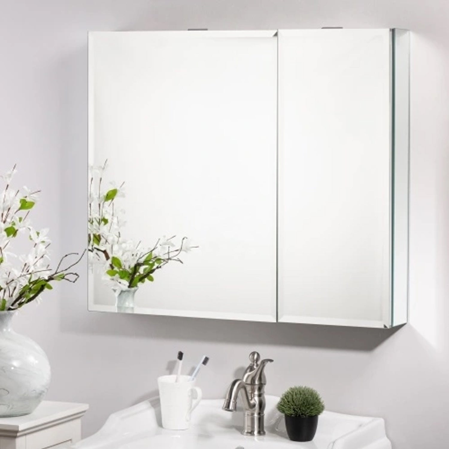 30 x 26 Inches Frameless Medicine Cabinet: Double-Sided Mirror, 2 Doors, 3-Adjustable Shelves, Unique Large &amp; Small Door Design, Soft-Closing, for Bathroom, Bedroom, Hotel - Surface or Recessed Mount