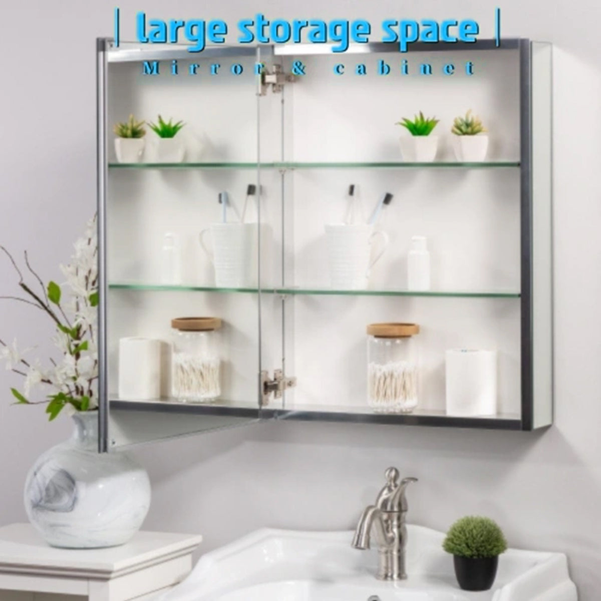 Modern 20" x 26" Frameless Medicine Cabinet: Double-Sided Mirror, 1-Door, Adjustable Shelves, Soft-Closing, Versatile Surface or Recessed Installation