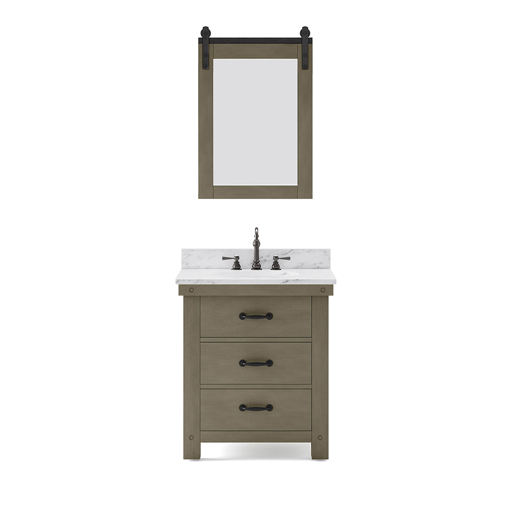30 In. Single Sink Carrara White Marble Countertop Vanity in Grizzle Gray with Mirror
