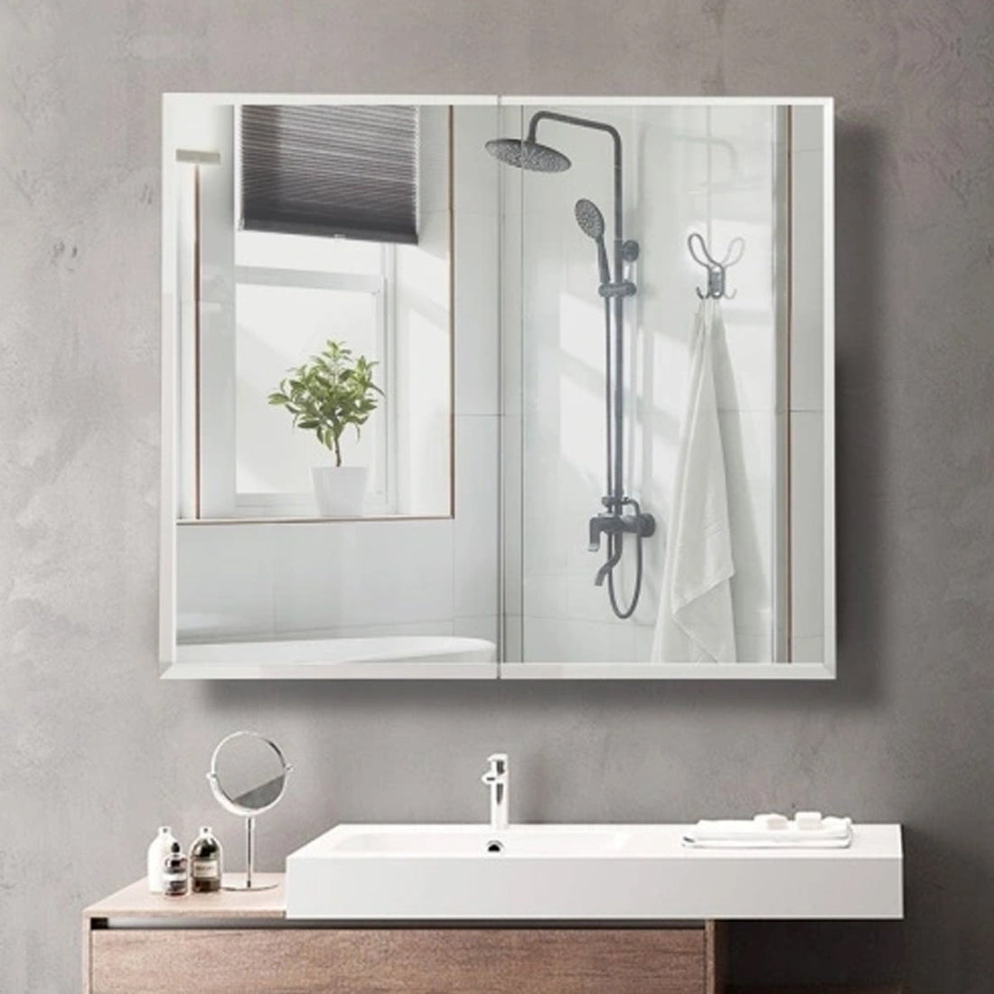 30" x 26" Premium Frameless Medicine Cabinet: Double-Sided Mirror, 2-Door, Adjustable Shelves, Soft-Closing, Surface or Recessed Installation, for Bathroom, Bedroom, Hotel