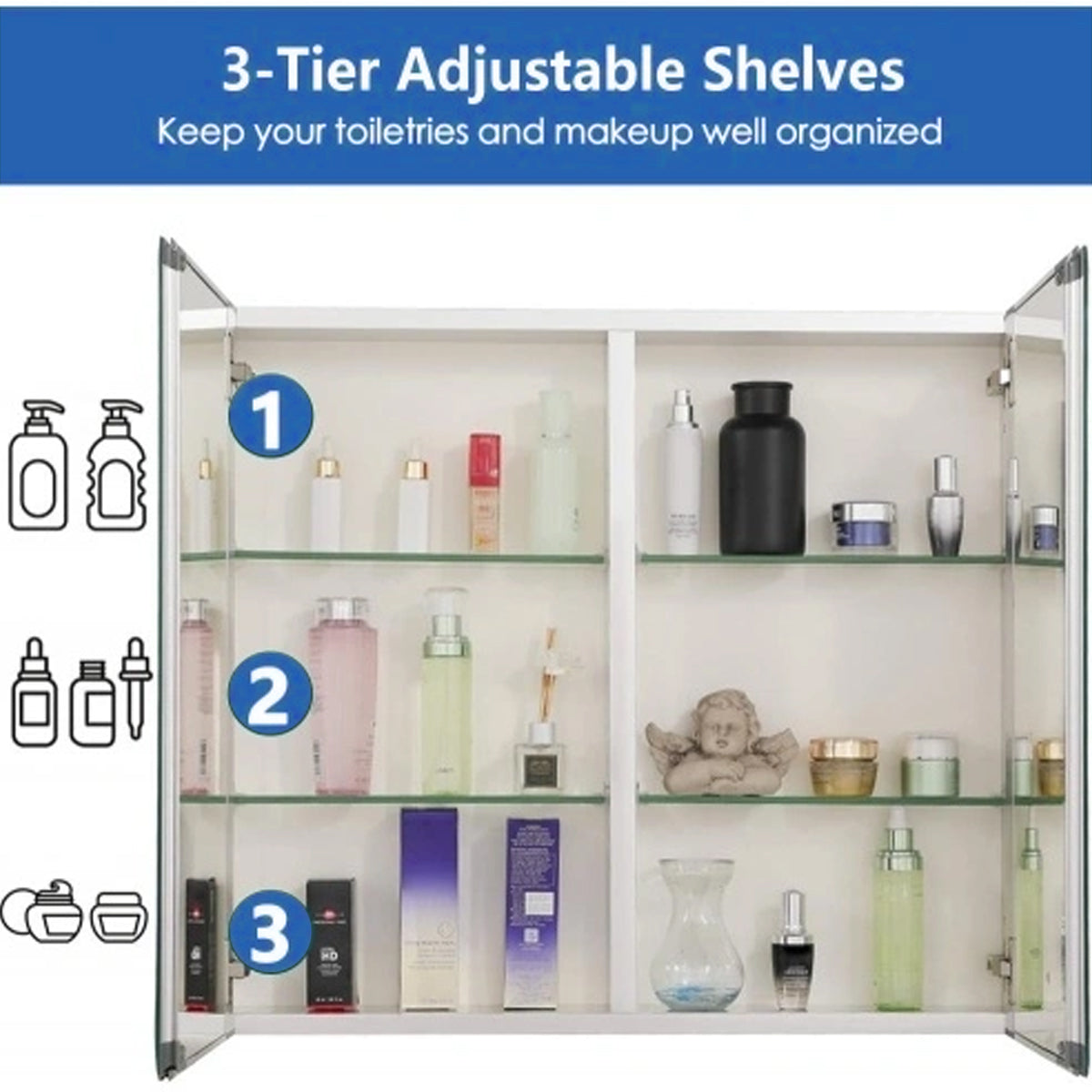 30" x 26" Premium Frameless Medicine Cabinet: Double-Sided Mirror, 2-Door, Adjustable Shelves, Soft-Closing, Surface or Recessed Installation, for Bathroom, Bedroom, Hotel