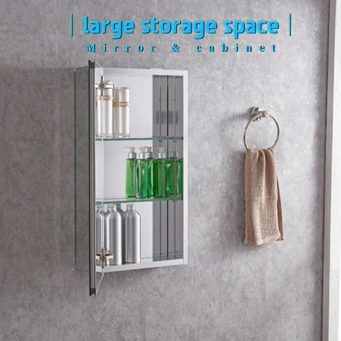 15" x 26" Frameless Medicine Cabinet: Double-Sided Mirror, 1-Door, Adjustable Shelves, Soft-Closing, Ideal for Bathroom, Bedroom, or Hotel, Surface Mount or Recessed Installation