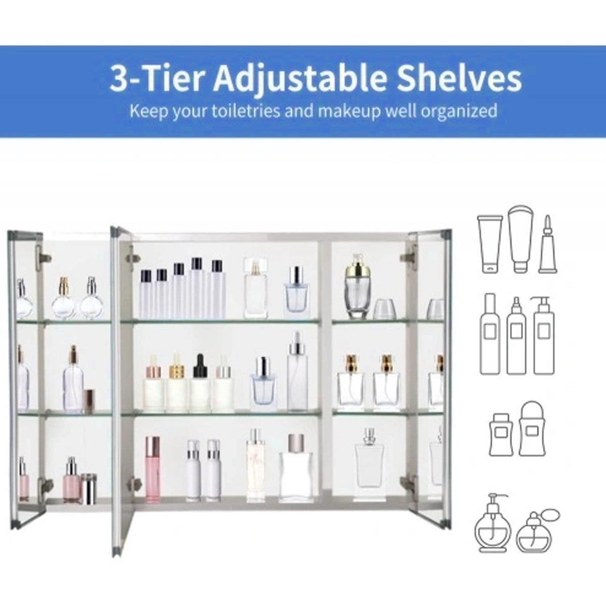 36 x 26&quot; Deluxe Frameless Medicine Cabinet: Double-Sided Mirror, 3-Door, Soft-Closing, Adjustable Shelves, for Bathroom, Bedroom, Hotel