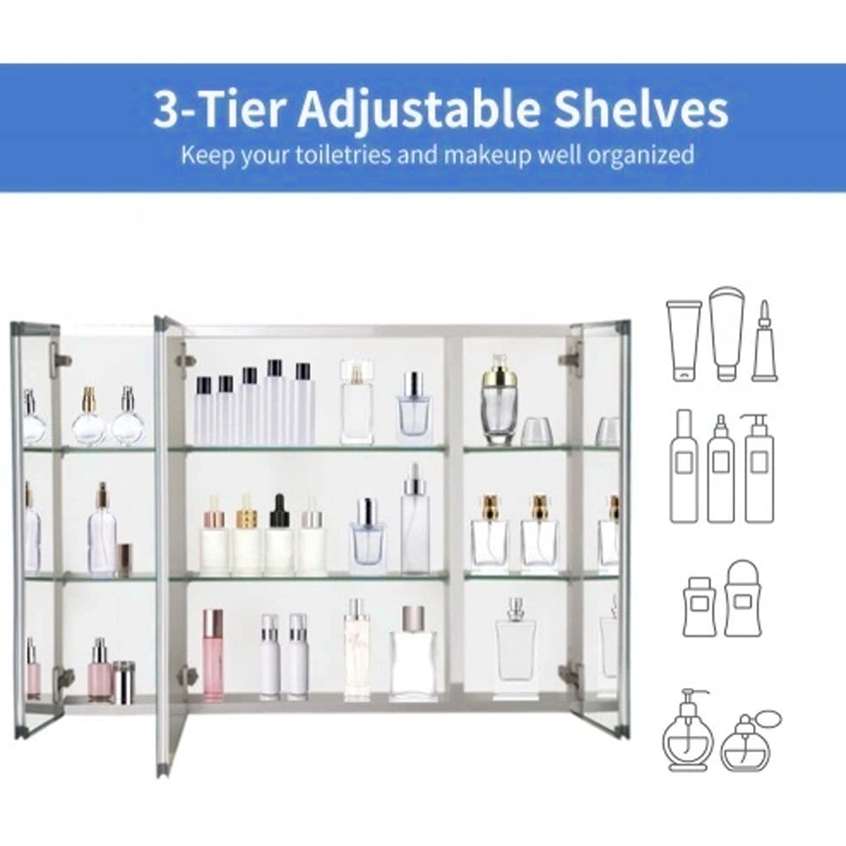 36 x 26" Deluxe Frameless Medicine Cabinet: Double-Sided Mirror, 3-Door, Soft-Closing, Adjustable Shelves, for Bathroom, Bedroom, Hotel
