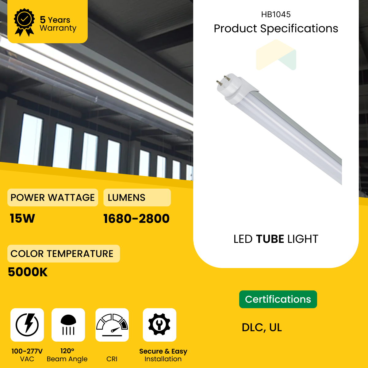 4ft UL Type C T8 LED Tube - 15W, 5000K, 100-277VAC, 1950 Lumens, Aluminum Housing, External Driver, Frosted Lens - 30 Pack