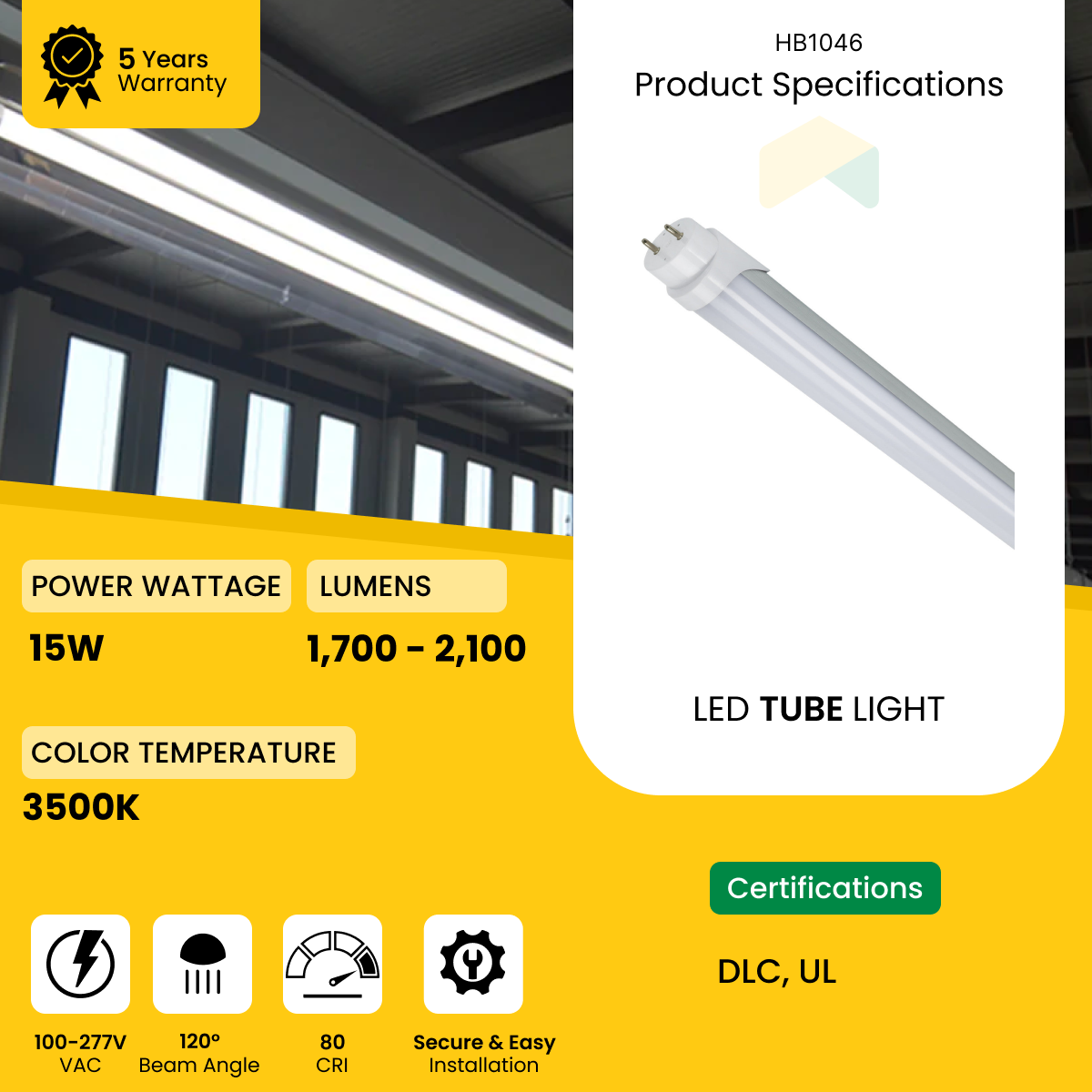 4ft UL Type C T8 LED Tube - 15W, 3500K, 100-277VAC, 1950 Lumens, Aluminum Housing, External Driver, Frosted Lens - 30 Pack